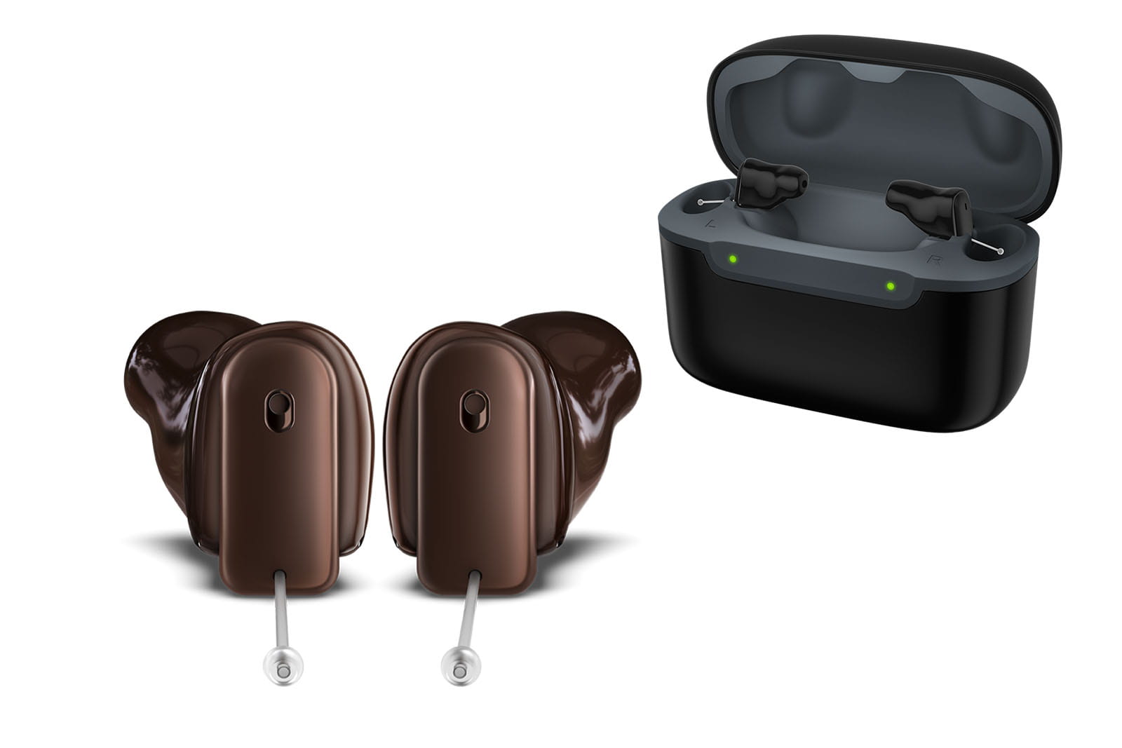 AudioService CIC Li 8 rechargeable custom hearing aids in Deep Brown with Custom Travel Charger